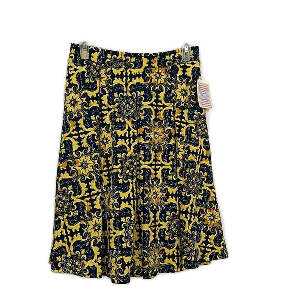 NWT Lularoe‎ Womens S Madison Skirt Yellow Blue Printed Pleated Full Knee Length